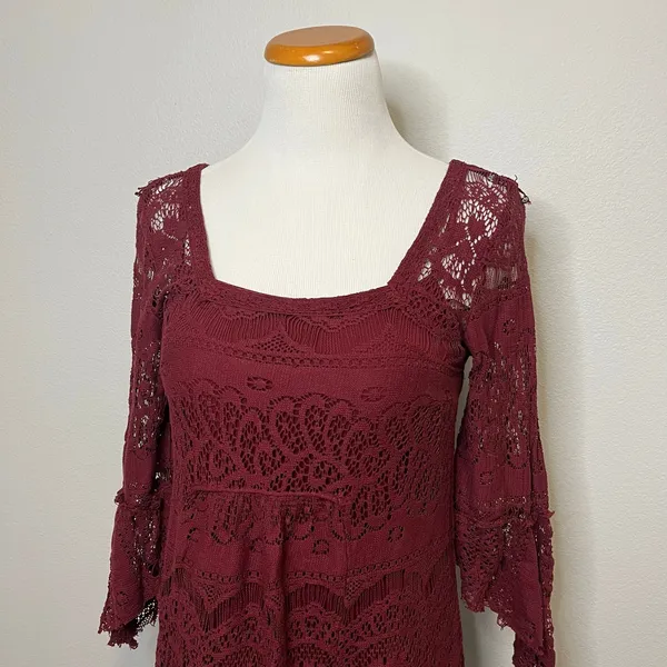 Free People Lace Mini Dress Small Burgundy Boho Bell‎ Sleeve Festival Wedding - Image 4