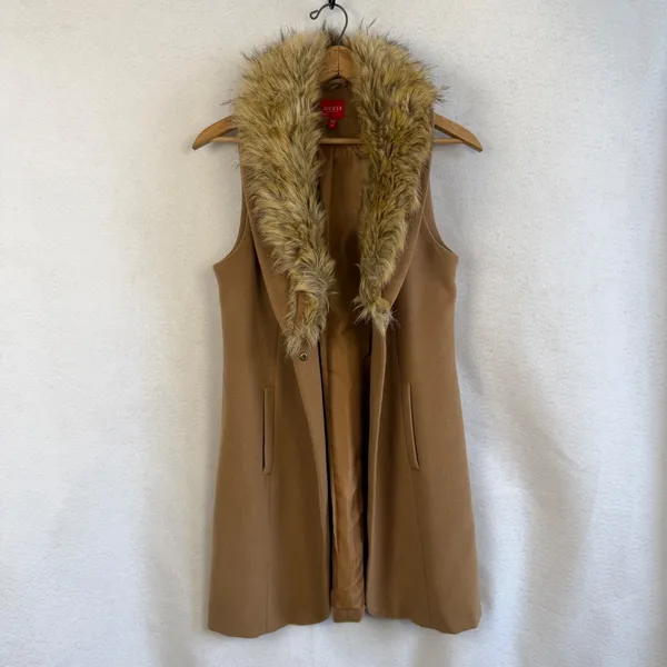 GUESS Los Angeles Womens Medium Camel Tan‎ Faux Fur Collar Longline Vest Chic - Image 9