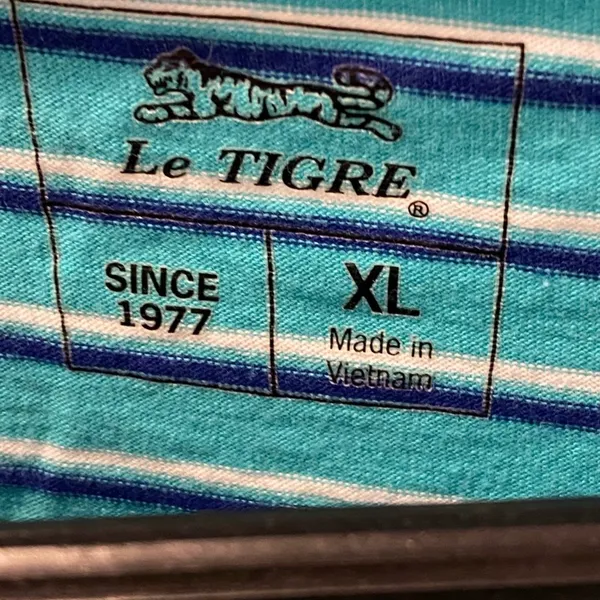 Retro 80s Le Tigre Striped Tshirt Aqua Blue White XL - Image 4