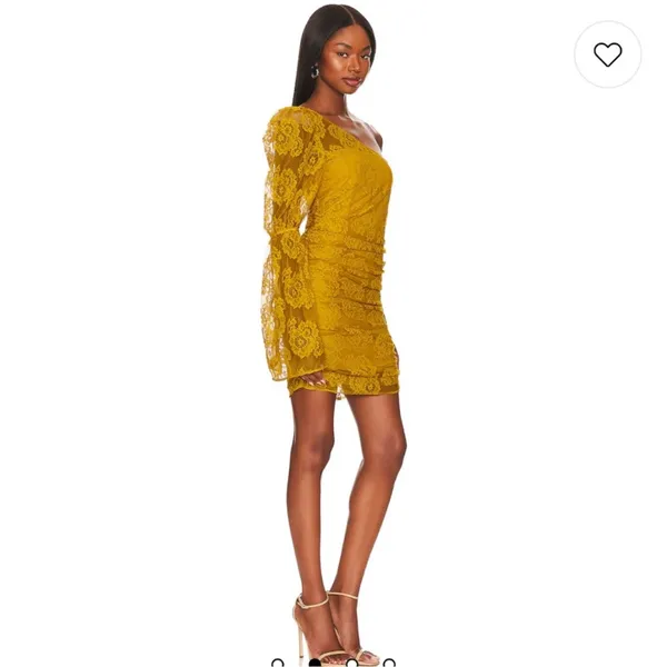 For Love & Lemons Tiana lace Gold Mustard Yellow mini Dress Size XS One Shoulder - Image 3