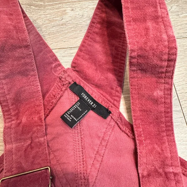 Forever 21‎ Velour Overall Dress Size Small S Red Button Side Velvet Mini Skirt - Image 4