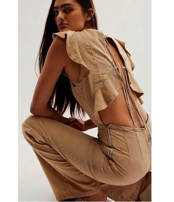 NEW Free People Women’s Size Small Brown Love Bite Back Tie Denim Jumpsuit - Image 3