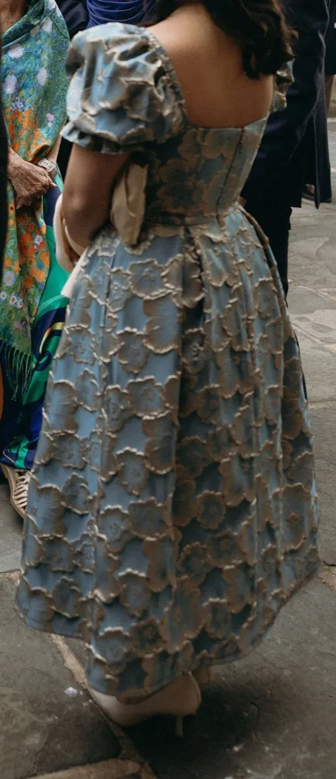 Azazie Blue and Gold Floral Puff Sleeve Dress WITH POCKETS - Image 3