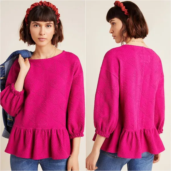 Anthropologie Maeve Blouse Mikayla Peplum Top Textured 3/4 Sleeves Pink M - Image 2