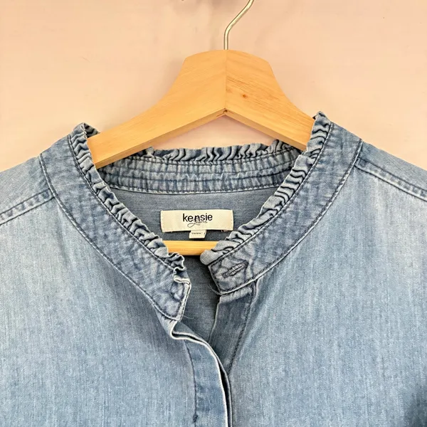 Kensie Jeans Blue Denim‎ Shirt Ruffle Mandarin Collar Long Sleeve Light Wash XL - Image 11