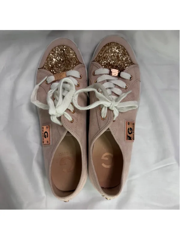 G BY GUESS Sneaker 9M Blush Pink Faux Suede Glitter Toe Low Top Sparkle Comfort - Image 2