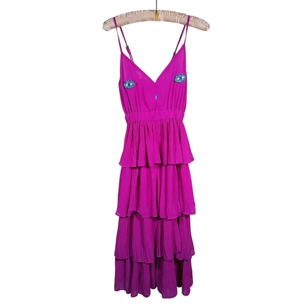 NWT Beaded Jewel 3D Eye Tiered Maxi Dress Size S Fuchsia Pink Party Statement - Image 2