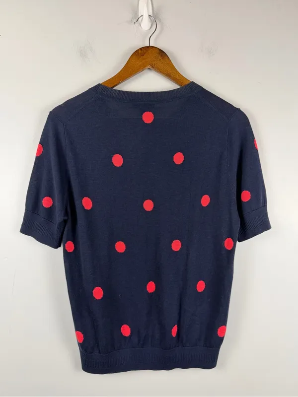 J. CREW Sweater DOT Silk Tencel Polka Crewneck Navy Poppy Fitted medium - Image 6