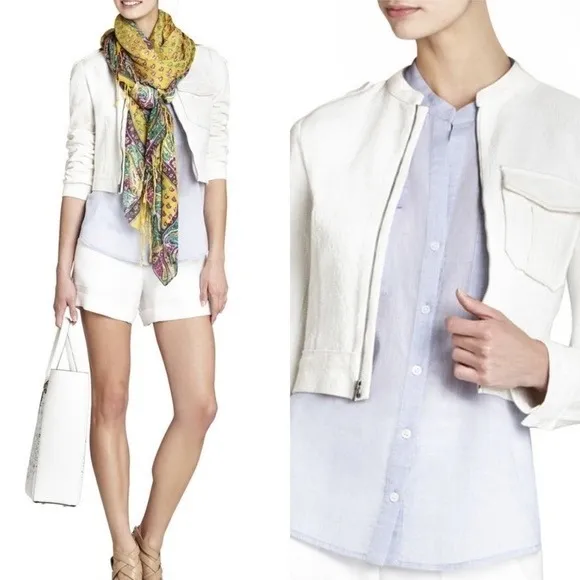BCBGMaxAzria Frankie Off‎ White Zip Up Moto Blazer Jacket XS Textured - Image 9