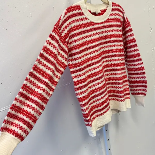 NWT LOFT‎ Women's Fair Isle Striped Crew Neck Sweater Red White XS S/766805 - Image 5