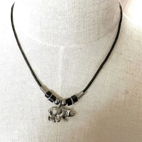 Silver tone bear pendant necklace on black cord - Image 4