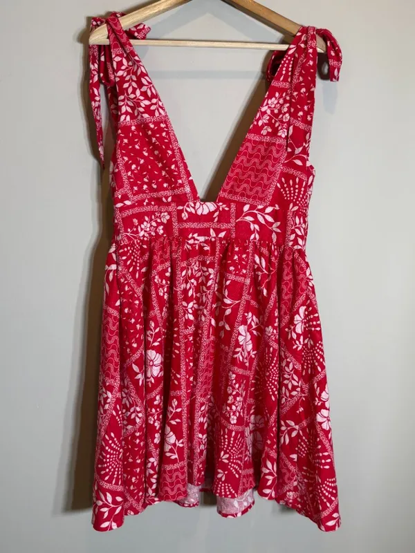 House of Harlow 1960 Linen Bandana Print Mini Dress Women Medium Red Bow Revolve - Image 11