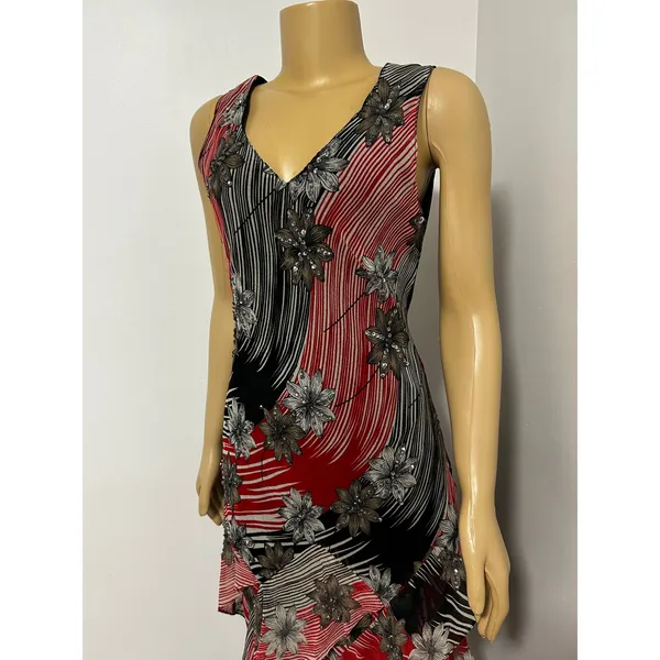 Y2K Jessica Taylor Red Black Floral Sequin Ruffle Midi Dress 286 NWT Medium - Image 2