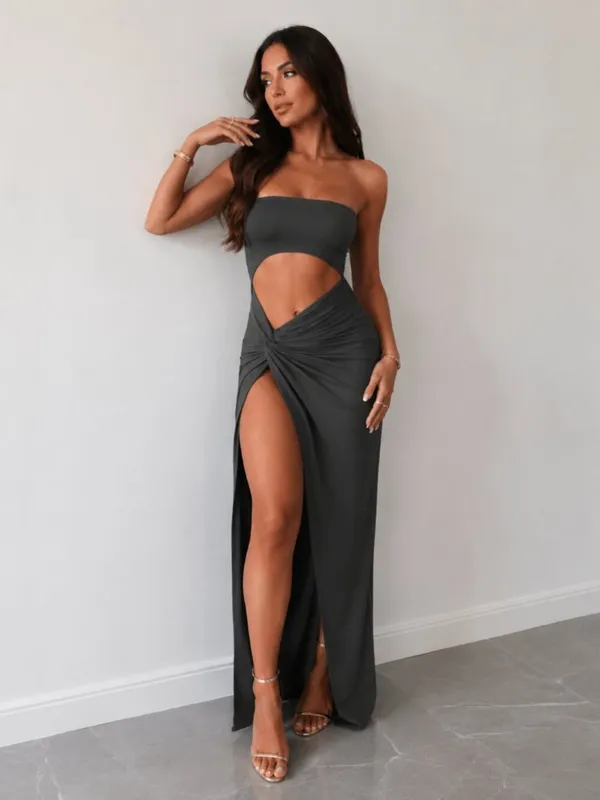 Charcoal Gray Bandeau Cutout Side-Slit Maxi Dress NWT - Image 2