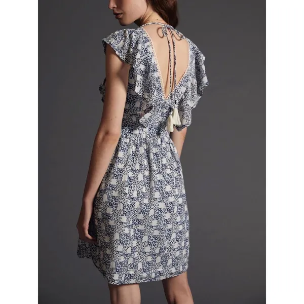 Anthropologie V-neck Plunge Tunic Mini Dress Blue Floral Crochet Tassel Large‎ - Image 2
