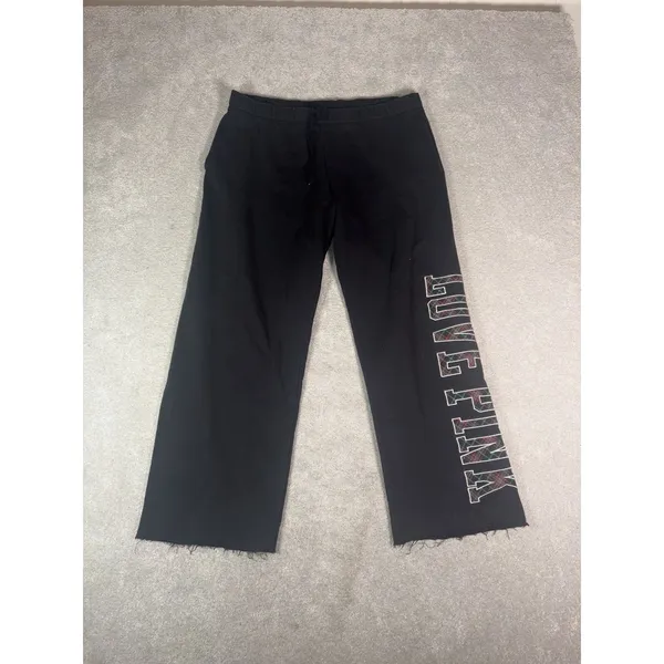 Victoria's Secret LOVE PINK christmas plaid wide leg sweat pants raw hem L - Image 2