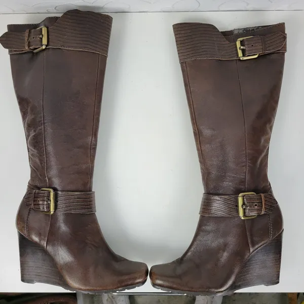 a.n.a. A New Approach Womens Boots 7 Brown Leather Knee High Wedges Heels Buckle - Image 2
