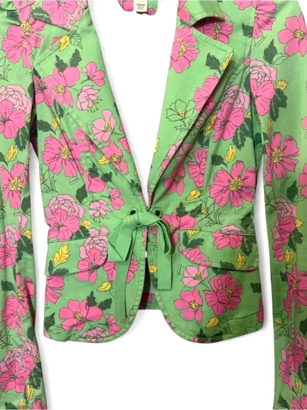 Tommy Hilfiger Y2K Green & Pink Floral Blazer W/Tie Waist Sz XS - Image 4