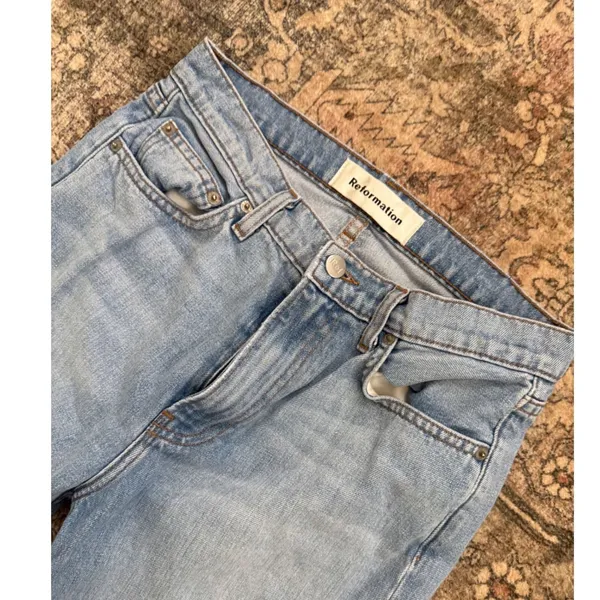 Reformation High Rise Straight Leg Raw Hem Jeans Light Wash Blue Size 27 - Image 2