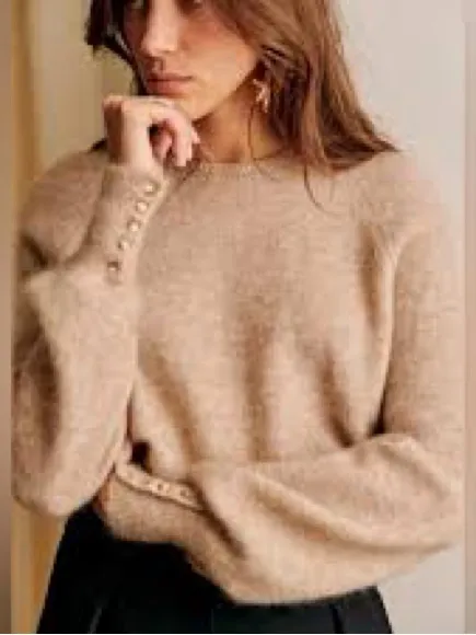 Sézane Louisa Jumper Sweater Size XL Tan Neutral Tan Balloon Sleeve Button Crew - Image 11