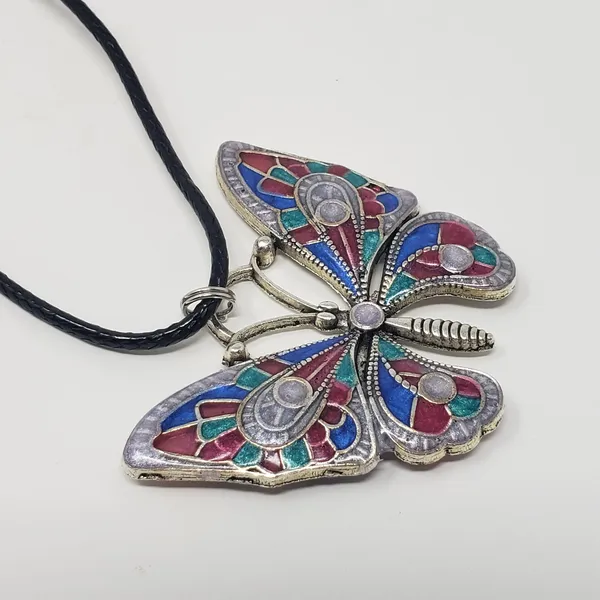 Butterfly Pendant w/ Pink, Blue, Teal Green & Silvery White Resin Necklace - Image 5