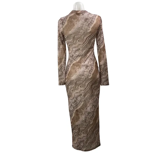 Jluxlabel Women's Beige Printed Long Sleeve Mock Neck T Shirt Maxi Dress Size M - Image 3