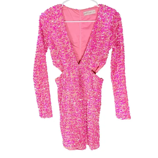 Petal & Pup Kelly Pink Sequin Velvet Mini Dress V Neck Cutout Long Sleeve Small - Image 9