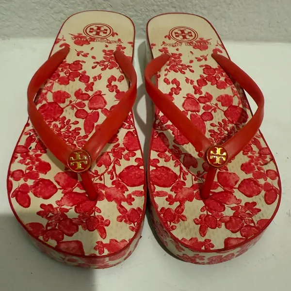 TORY BURCH Thandie Wedge Flip Flops Red Pepper / Issey Fade Floral Sandals 10 - Image 6