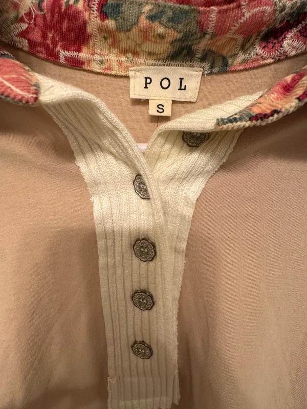 POL Beige Polo Top with Floral Trim - Image 3