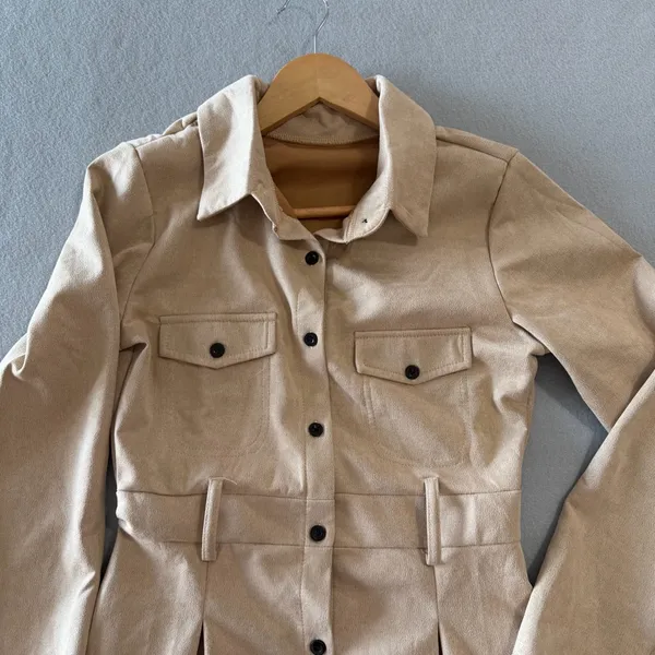 Women's Tan Long Sleeve Fitted Shirt Dress Size Small #260666 - Image 2