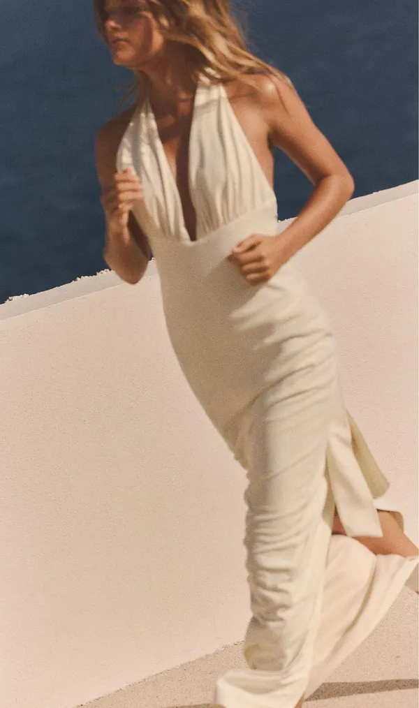 Zara Elegant Cream Halter plunge Neck Dress scarf maxi evening cocktail party - Image 11