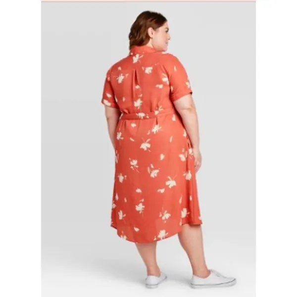 AVA & VIV Plus Size Orange Floral Dress Midi Belted‎ Pockets 1X - Image 3