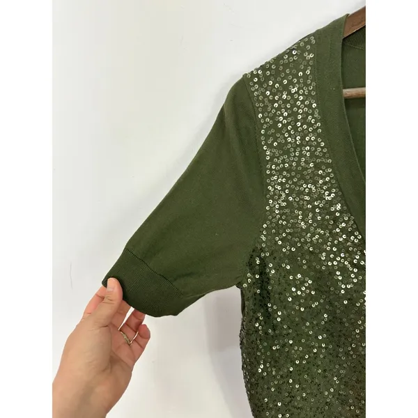 Talbots Short Sleeve Green Sequin‎ Cardigan Lightweight Sweater Womens Large - Image 3