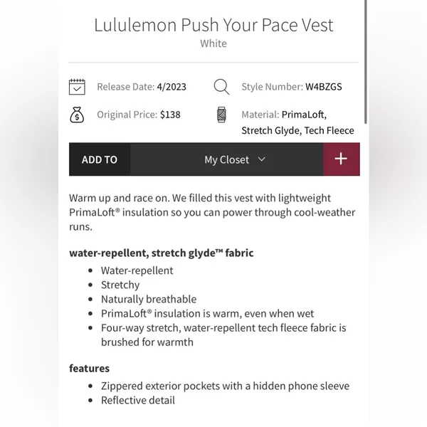 Lululemon NWT Push Your Pace Vest White Size 12 - Image 6