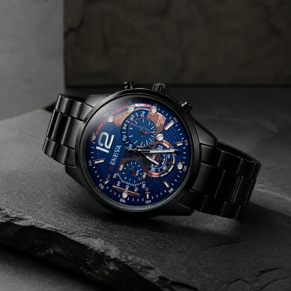 Geneva Men’s Black Luxury Wrist Watch Round Dial 3 Time Zone Quartz NWT - Image 2