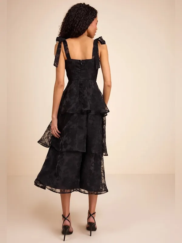 Lulus Black Burnout Jacquard Tie Strap Bustier Midi Dress Large New NWT - Image 4