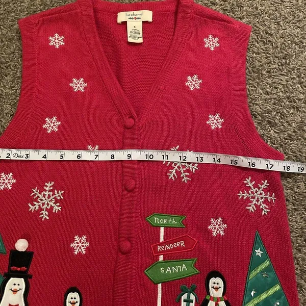 VTG Christmas Sweater Vest Bechamel Sz Small Red Penguins Snowflakes Embroidered - Image 12