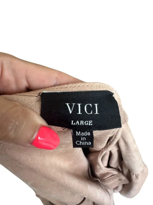 VICI Beige Button Down Faux Suede Belted Long Sleeve Top Sz Large - Image 6