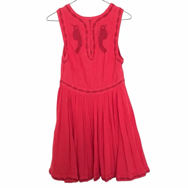 Free People Red Birds of a Feather Embroidered Mini Dress 12 Boho Folk Romantic - Image 11