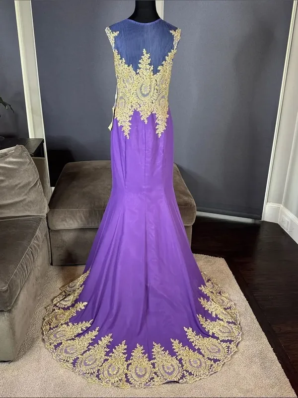 Women’s Purple Formal Evening Gown Gold Accents Mermaid Fit Train Size 10 NWT - Image 2