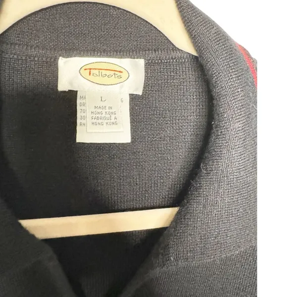 Talbots Vintage Black Red Argyle Long Sleeve V-Neck Polo Sweater SZ L - Image 3