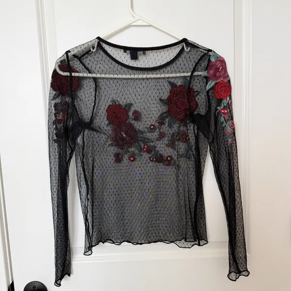 AEO Womens Dark‎ Romance Sheer Floral Appliqué Top Size Small Whimsigoth Fairy - Image 3