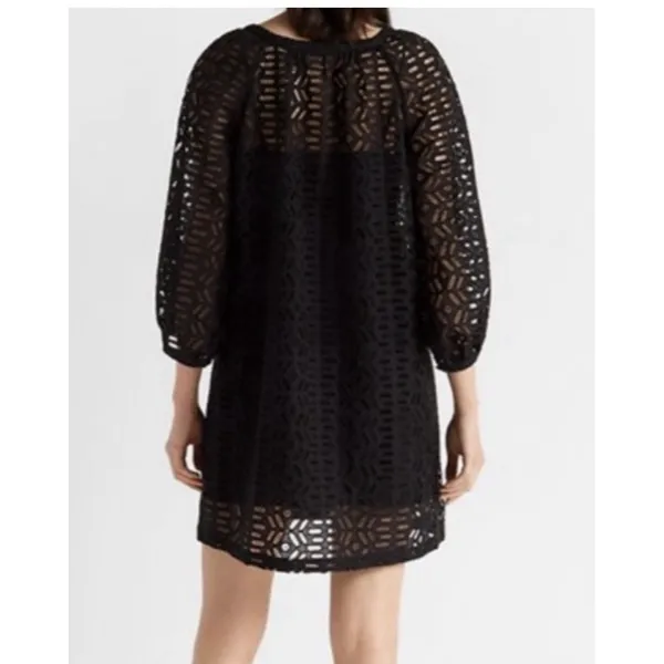 CLUB MONACO Dress Black V Neck Eyelet Balloon Sleeve Peasant Size Small‎ - Image 2