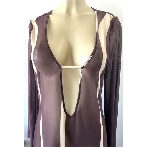 NWT Caroline Constas Brown Cover Up Maxi Dress Mesh Long Sleeve Sheer Beige M - Image 6