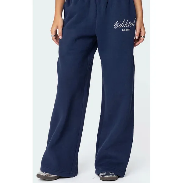 Edikted Navy Blue Wide Leg Baggy Sweatpants Logo Fleece Pants Women Large - Image 2