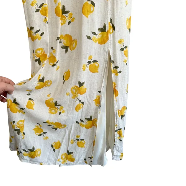 Kirious Lemon Print Linen Blend Midi Dress Yellow White Citrus Vacation Resort - Image 5
