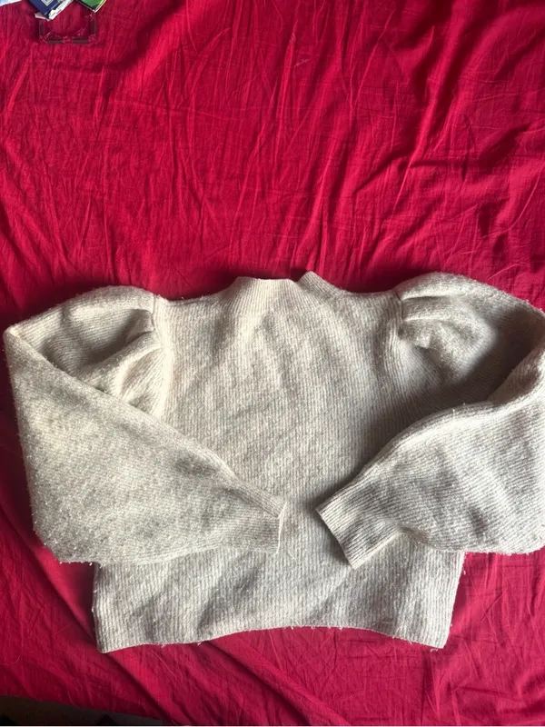 & Other Stories Beige Puff-Sleeve Ribbed Mock Neck Sweater - Image 3