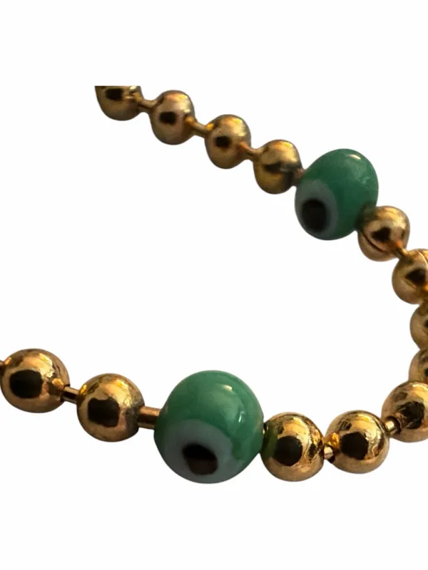 Gold Beaded Bracelet with Green Evil Eye Accent Beads - Image 2