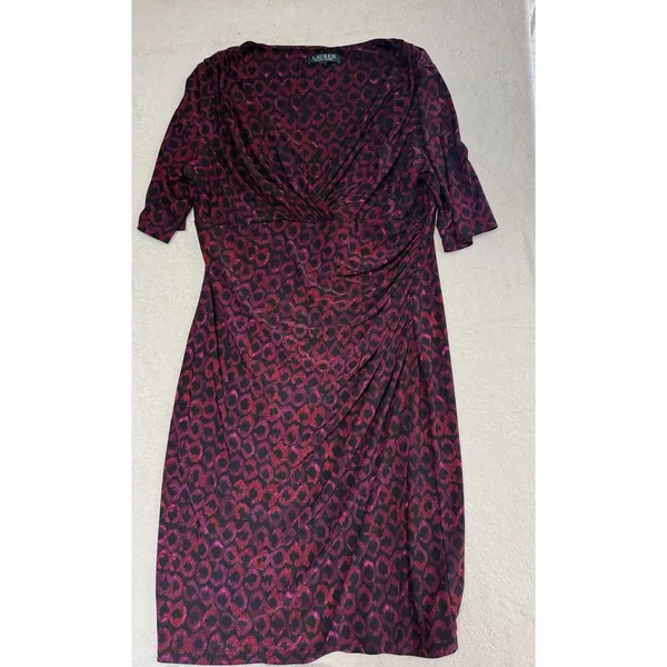 Lauren Ralph Lauren Womens Faux Wrap Dress Size XL Geometric Red‎ Black Ruched - Image 4