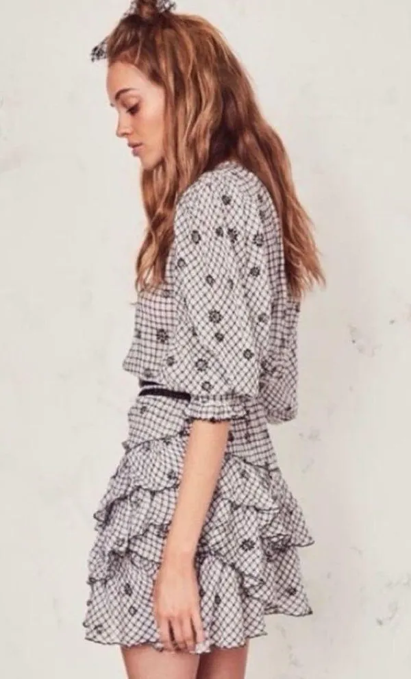 LoveShackFancy Lorelei Charcoal Floral Gingham Plaid Mini Dress Size Large - Image 2